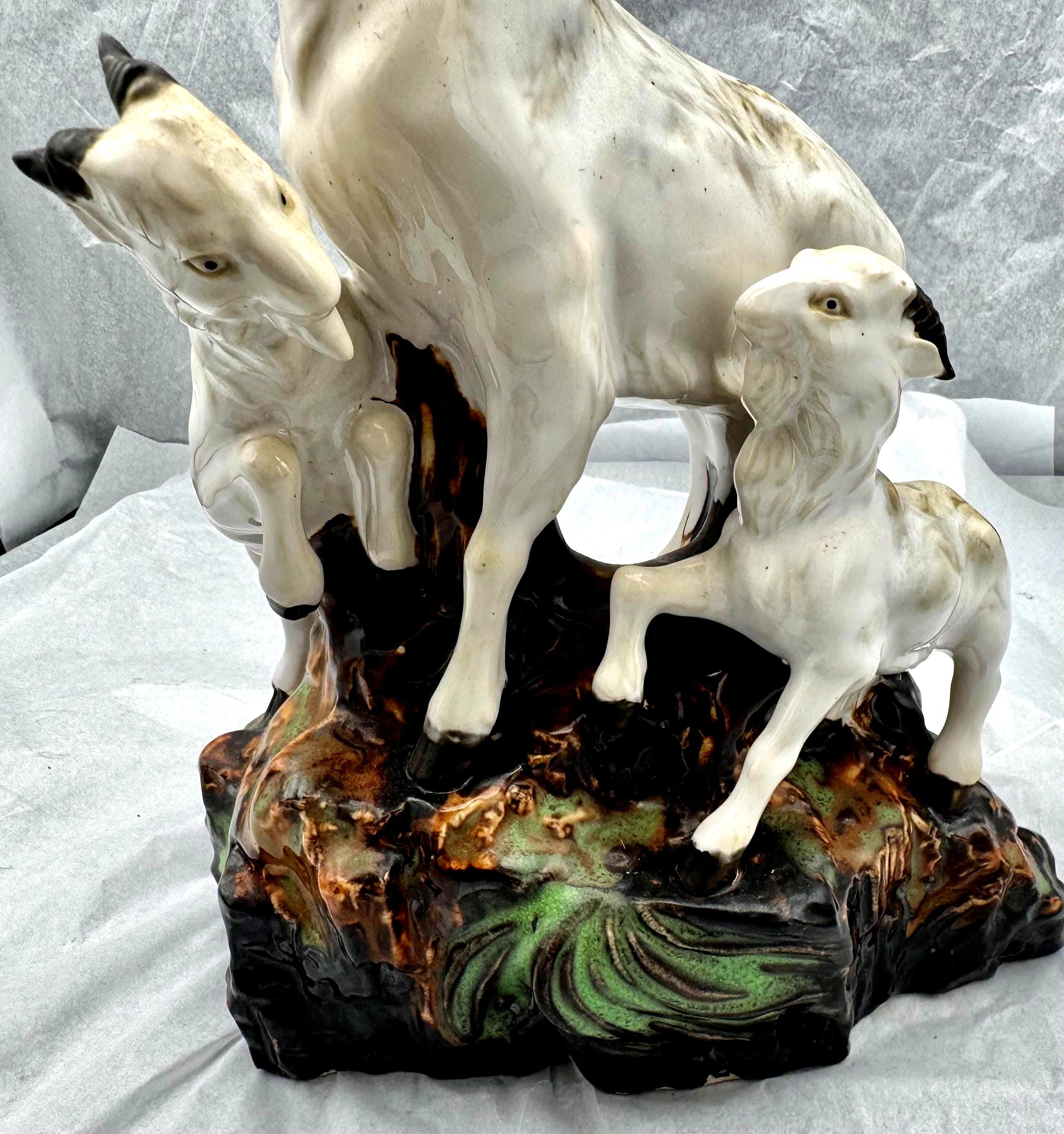 Vintage Chinese 3 Goats on Rocks Majolica Pottery Large Statue