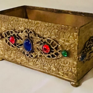 Antique Gilt Metal Inlaid Faux Jewels Vanity Desk Top Card Holder