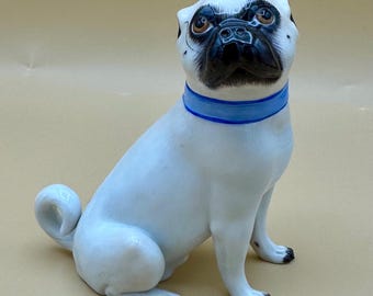 Antique Meissen Porcelain Small 4” Pug Dog W/blue Collar Figurine