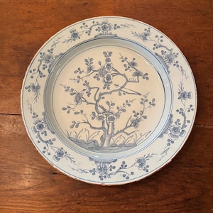 Antique 18th Cen Delft Faience Porcelain Blue White Asian Design 14” Charger Christie’s Label
