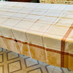 Vintage Le Jacquard Francais Beige Ivory 69” x 98” French Provincial Angels Tablecloth