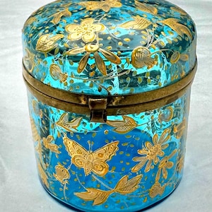 Lovely Antique Moser Azure Blue Gold Butterflies Floral Glass Vanity Trinket Box Jar