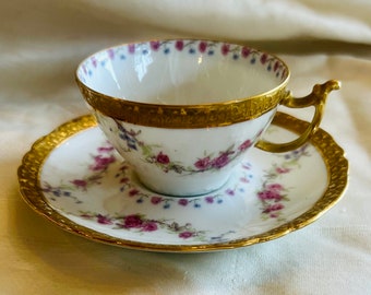 Exquisite J Pouyat Limoges Rose Swags Encrusted Gold Porcelain Cup & Saucer