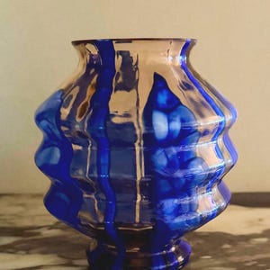 Vintage Czech Art Deco Blue Bambus Pink Stepped Glass Vase