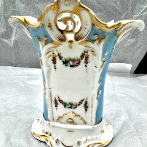 Pretty French Old Paris Blue Rose Swags Porcelain Vase