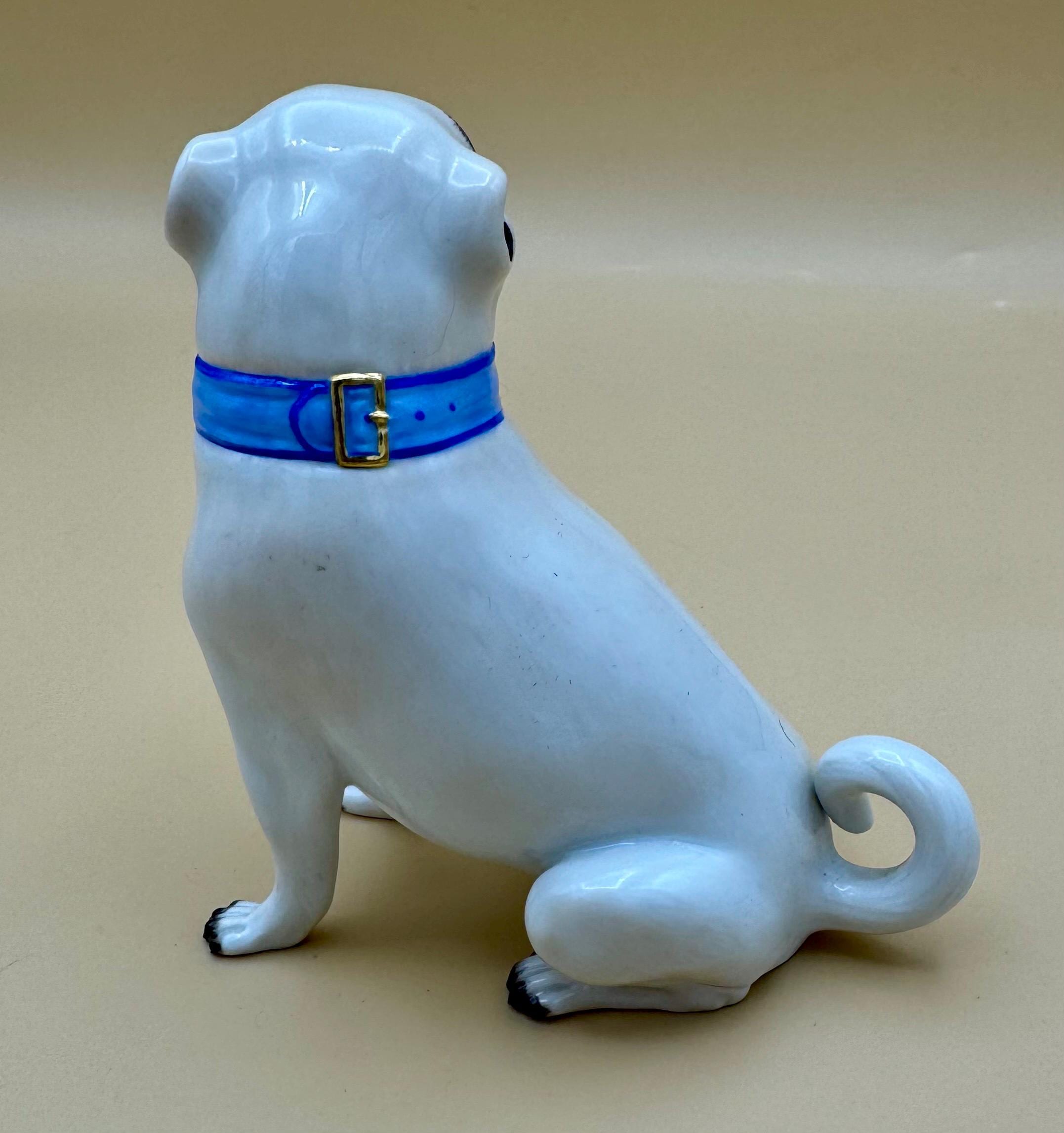 Antique Meissen Porcelain Small 4” Pug Dog W/blue Collar Figurine