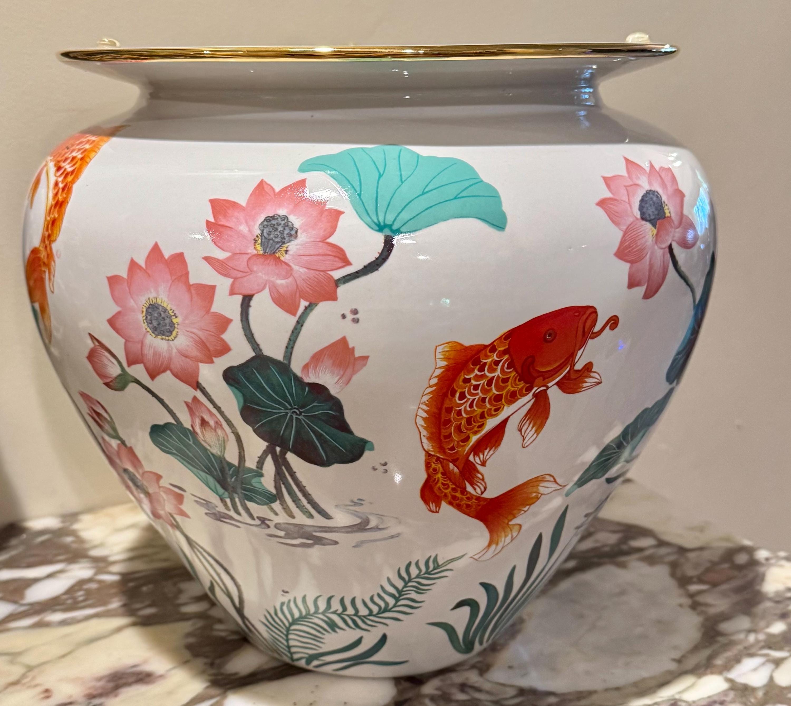 Vintage Franklin Mint Golden Carp Porcelain Jardiniere: Fish Bowl