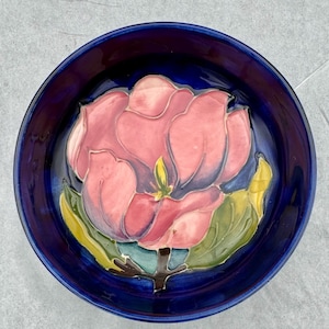 Vintage Moorcroft Cobalt Pink Magnolia Small 4.5” Pottery Bowl