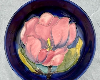Vintage Moorcroft Cobalt Pink Magnolia Small 4.5” Pottery Bowl