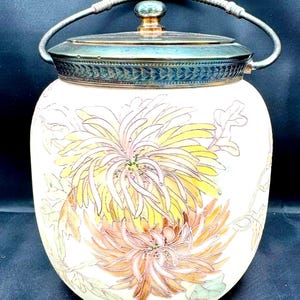 Antique Mt Washington Crown Milano Glass Handpainted Mums Biscuit Cracker Jar