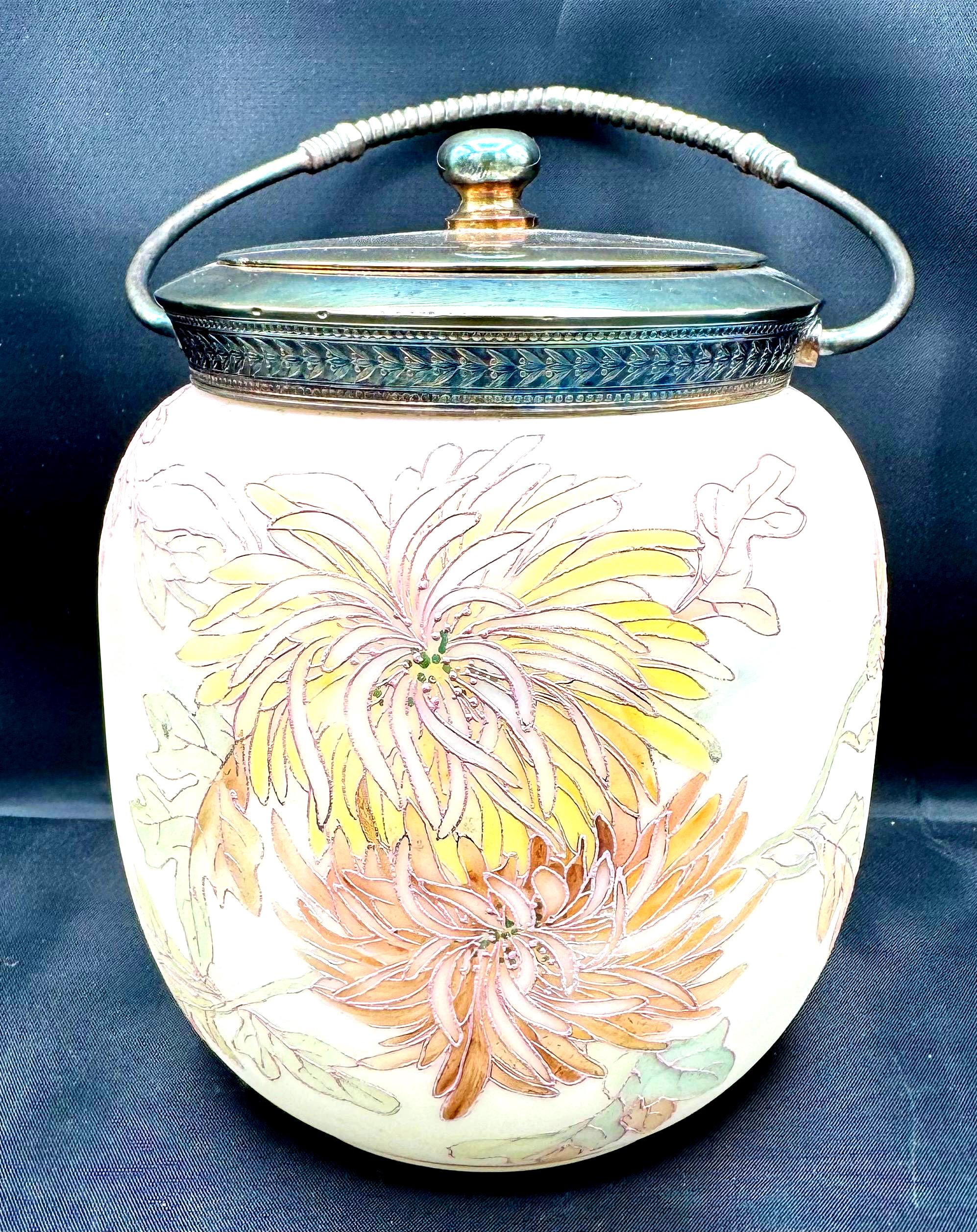 Antique Mt Washington Crown Milano Glass Handpainted Mums Biscuit Cracker Jar