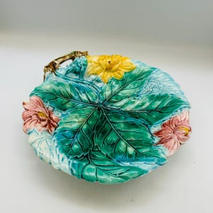 Pretty Antique Majolica Flower form Colorful Bowl Serving Dish