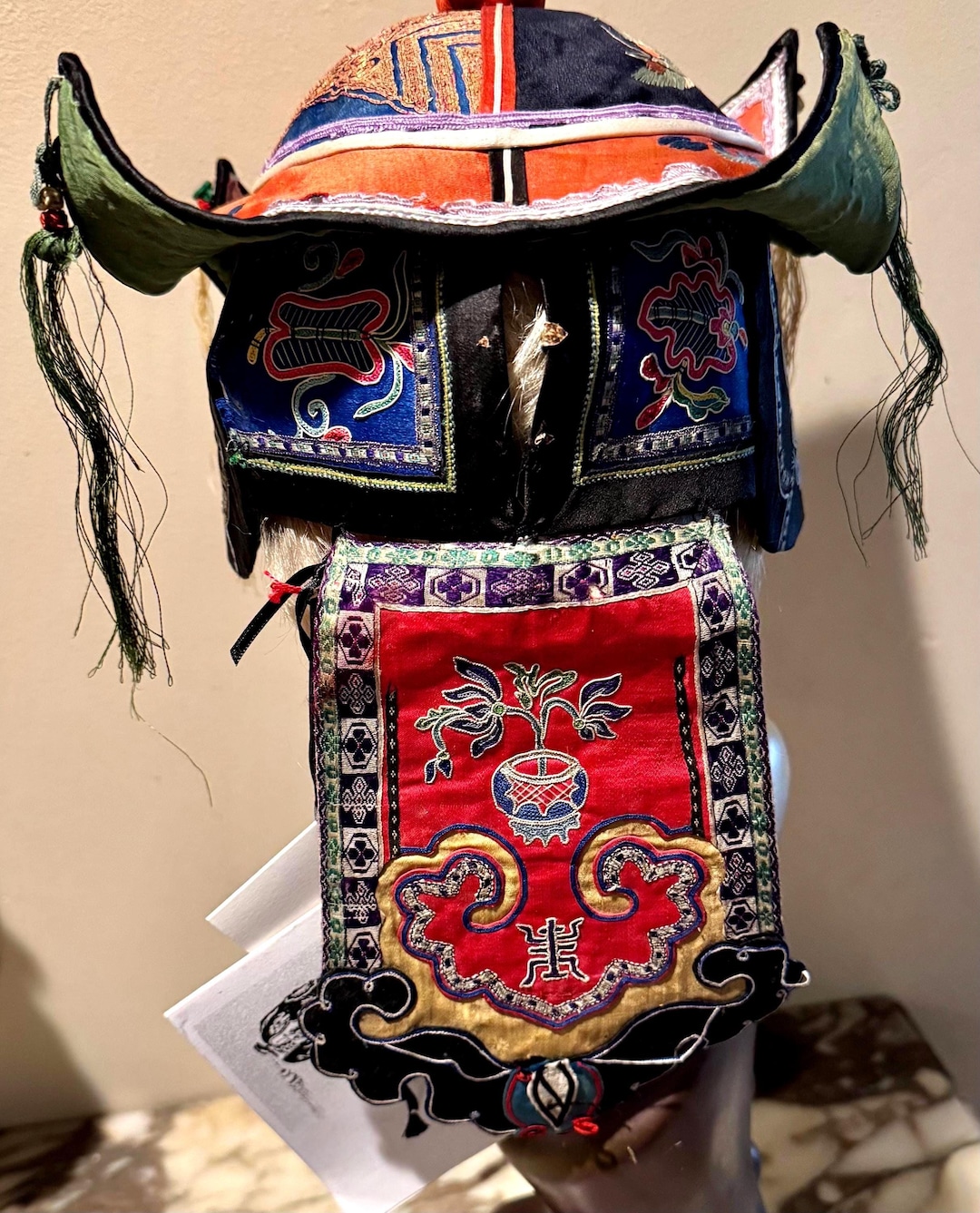 アンティーク中国清朝刺繍シルク隠しステッチ子供用パゴダ祭り帽子