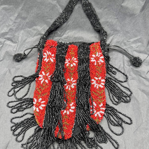 Antique Red Black Glass Beaded Fringed Vintage Flapper Bag Purse