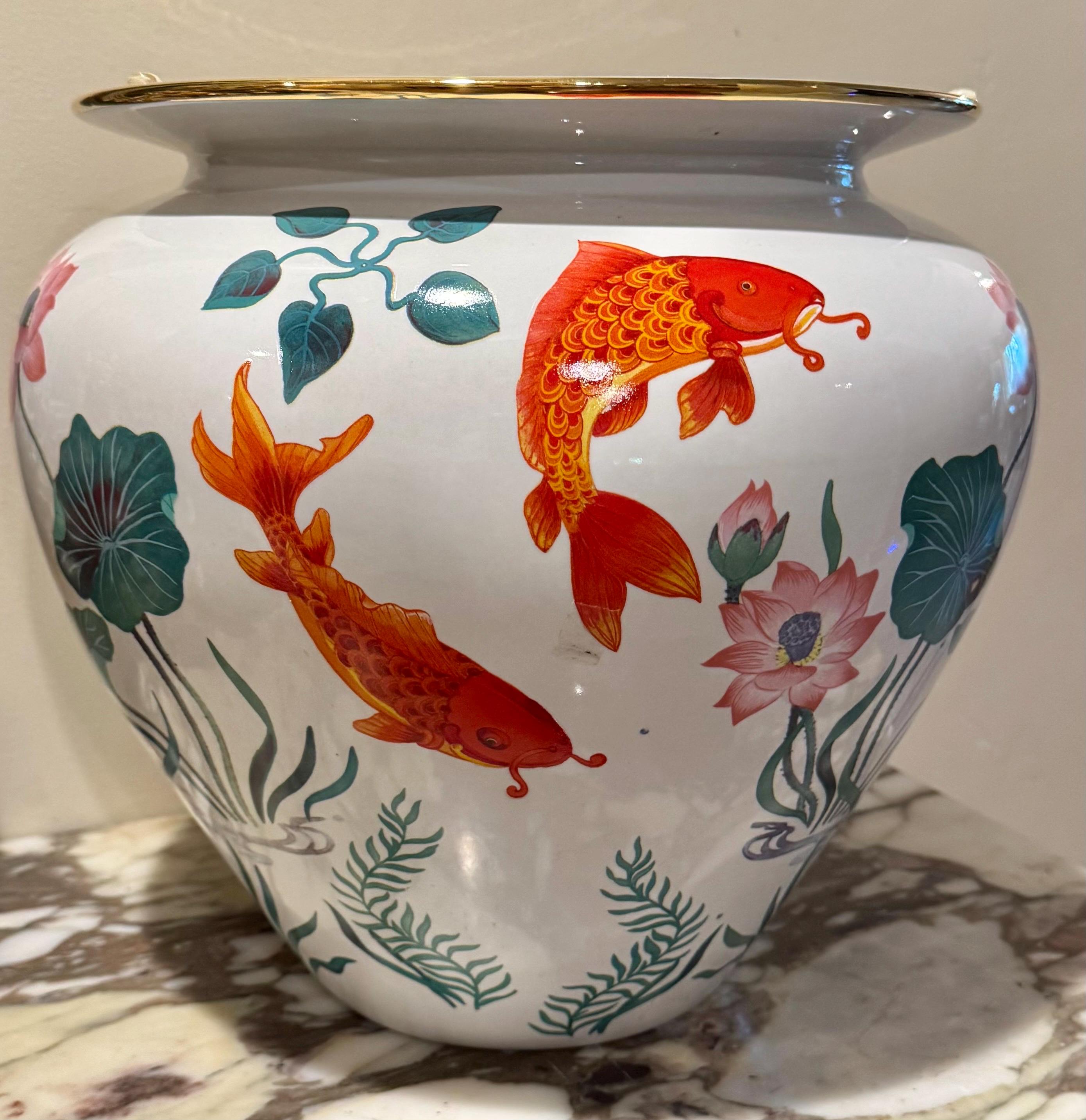 Vintage Franklin Mint Golden Carp Porcelain Jardiniere: Fish Bowl