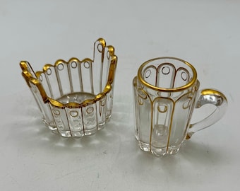 Antique Baccarat Glass Gold Clear Salt Cellar Bucket & Pepper Mug