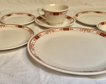 Juego vintage de 8 piezas de porcelana Syracuse, modelo Webster: taza, platillo, plato y cuenco.