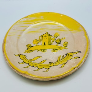 Antique Italian Faience Majolica Yellow White Scenic Plate
