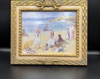 Litografía francesa vintage de ensueño enmarcada: Un día en la playa.