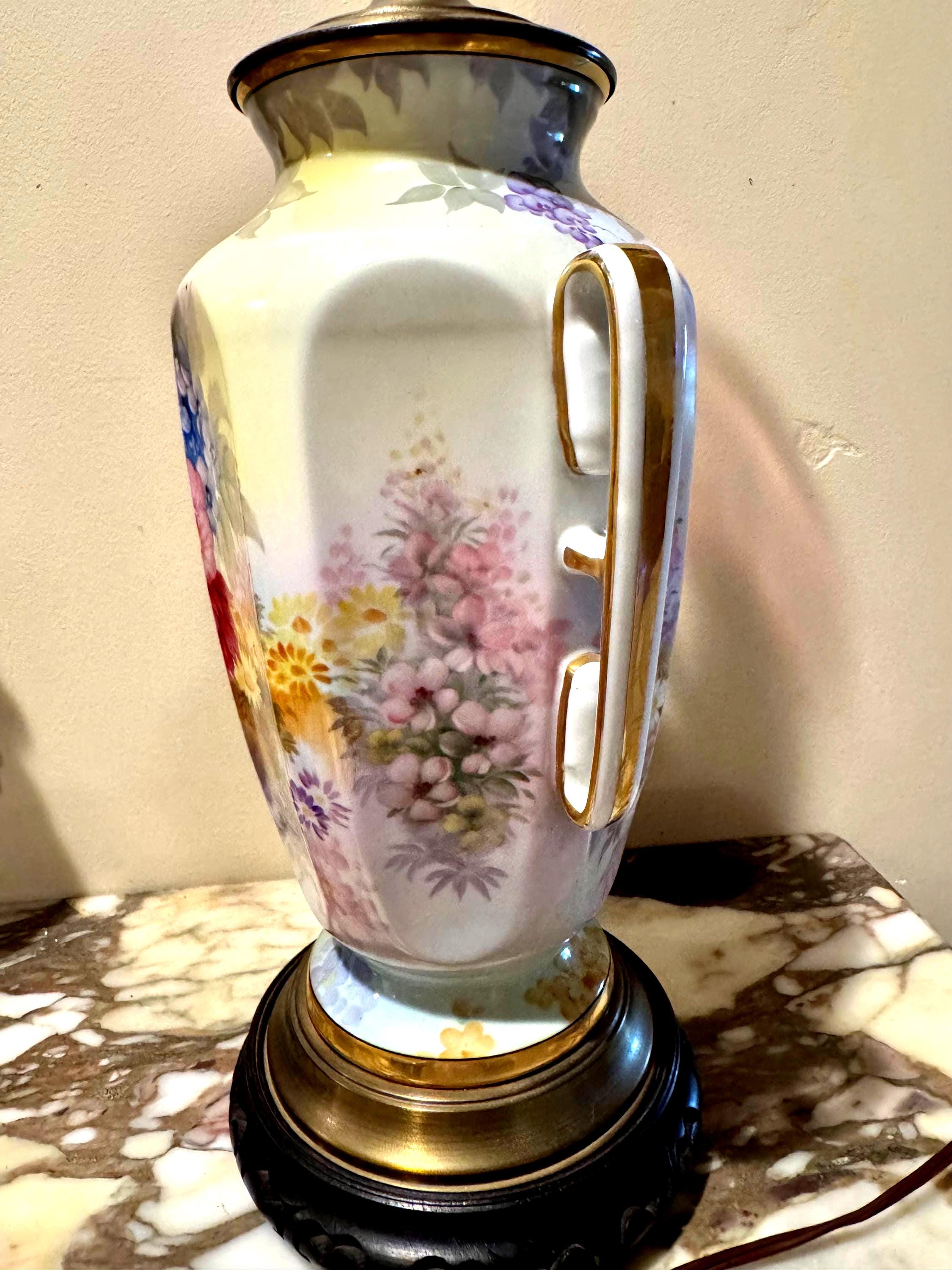 ヴィンテージ手描き磁器テーブルランプ：バラと牡丹、17インチ - Etsy 日本