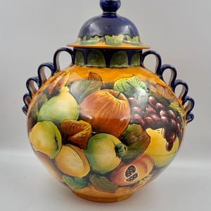 Vintage Large Santa Rosa Mexican Mayolica Pottery 14” Lidded Ginger Jar Pot HP Fruit