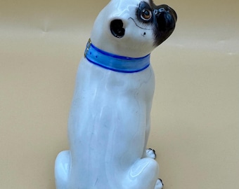 Antique Meissen Porcelain Small 4” Pug Dog W/blue Collar Figurine