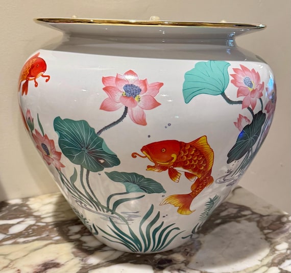 Vintage Franklin Mint Golden Carp Porcelain Jardiniere: Fish Bowl