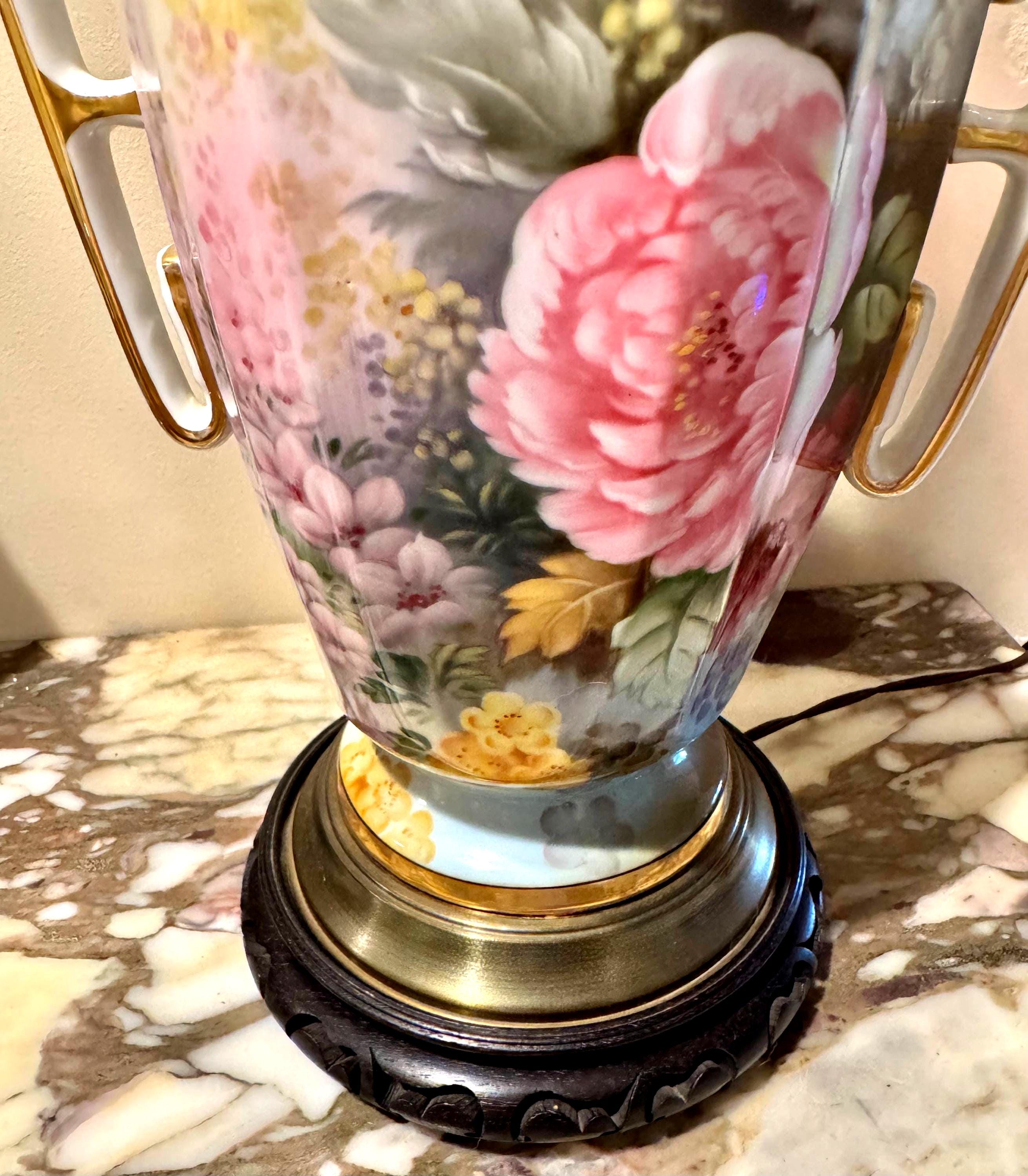 ヴィンテージ手描き磁器テーブルランプ：バラと牡丹、17インチ - Etsy 日本