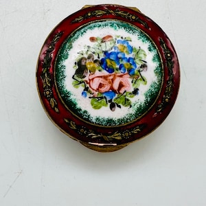 Antique French Brass Floral Enamel Rouge Compact Pot