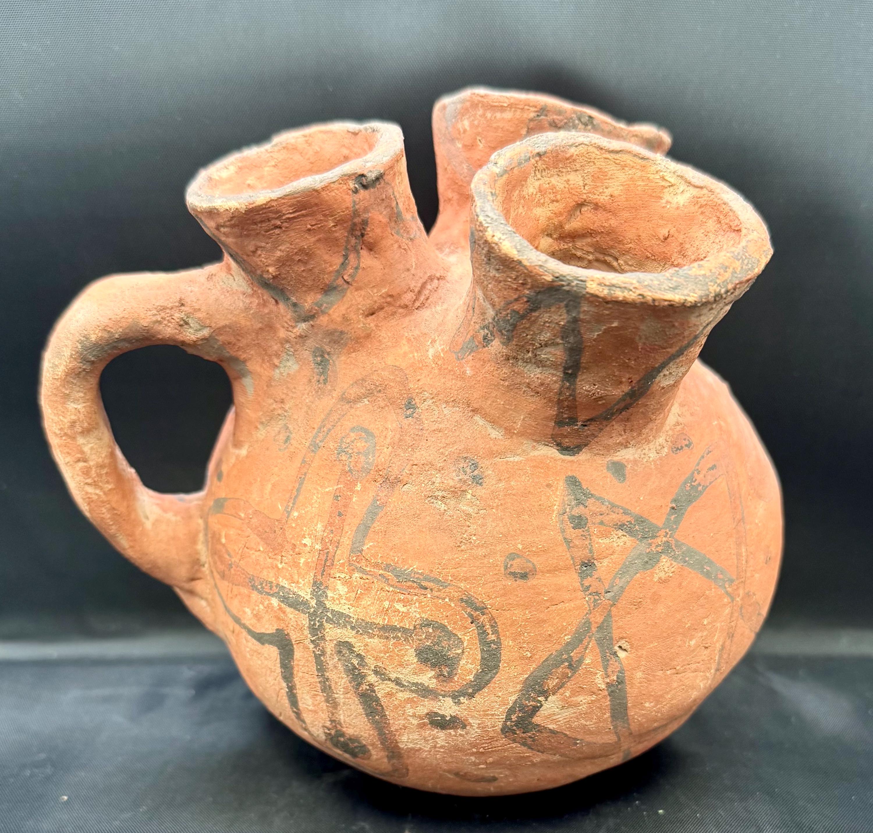 Unusual Antique Native American Redware Painted 3 Spout Pottery
