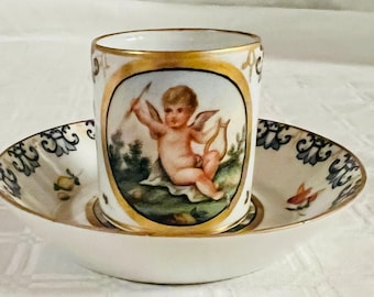 Exceptional Antique Donath Dresden Porcelain Demitasse Cup & Saucer Handpainted Angel Cherub