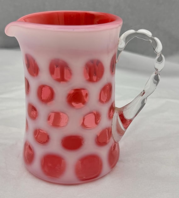 Vintage Fenton Cranberry White Coin Dot Glass Cream Pitcher Vintage Fenton Cranberry White Coin Dot Glass Cream Pitcher