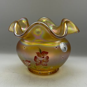 Vintage Fenton handbemalte signierte Johnson Marigold Art Glass Rose Bowl Vase
