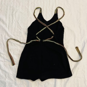 Antique 1920s black Wool Striped Straps Vintage Bathing Suit