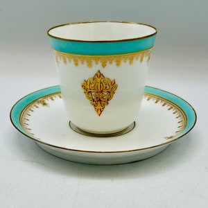 Antique French Pillivuyt Porcelain Azure Gold Cup & Saucer