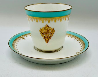 Antique French Pillivuyt Porcelain Azure Gold Cup & Saucer