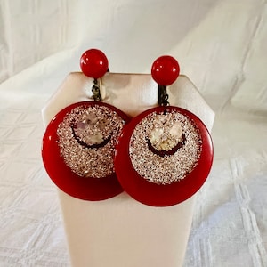 Vintage Cherry Red Bakelite Glittery Disc Earrings