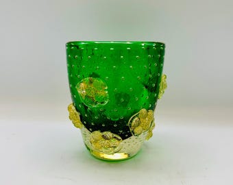 Unusual Italian Murano Barovier? Controlled Bubble & Flowers Green Glass Vase