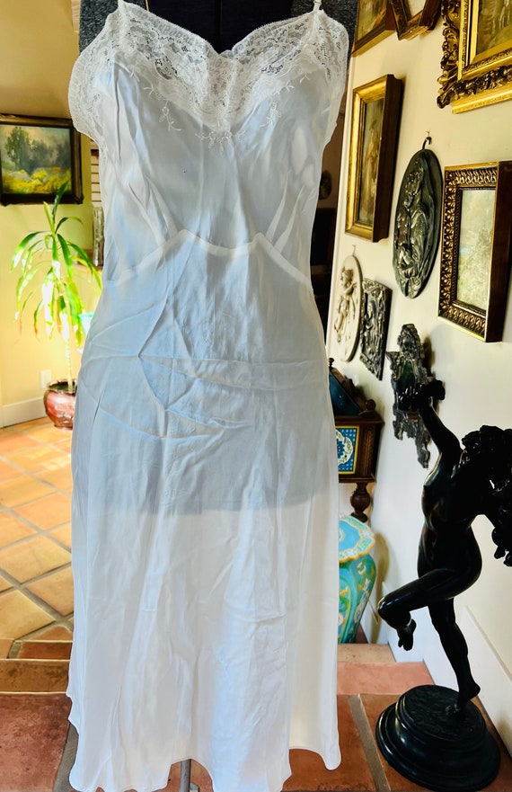 Vintage 1950s White Nylon Tall Slip with Lace Trim, 38 inch bust