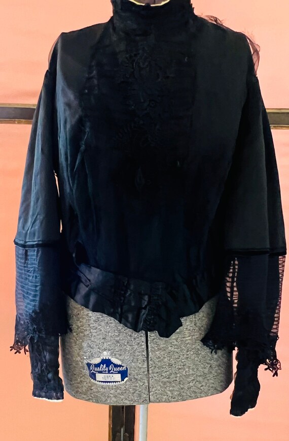 Antique Victorian Mourning Black Satin Lace Bodic… - image 1