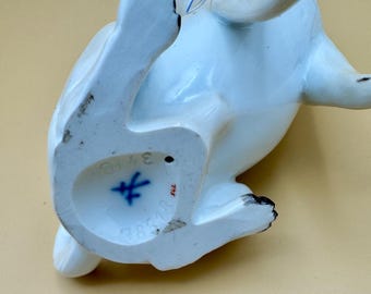 Antique Meissen Porcelain Small 4” Pug Dog W/blue Collar Figurine