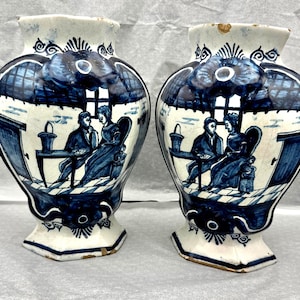 Rare Pair Antique 1760 Dutch Delft Blue & White Scenic Faience Pottery Vases