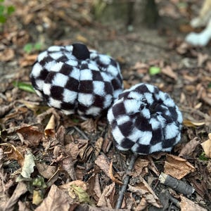 May include: Two plush pumpkin-shaped decorations featuring a black and white chequered pattern. Each soft, rounded item has a small black stem at the top, with one pumpkin noticeably larger than the other, both covered in a fuzzy, faux fur texture.