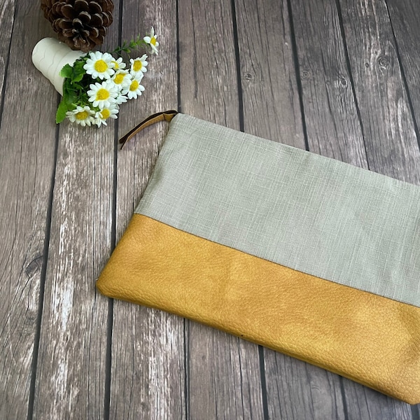 Minimalist Linen Clutch, Mustard Bag with Zipper, Linen and Leather Wristlet Purse, Colorblock Wristlet, Geometric Bag, Everyday Clutch Bag