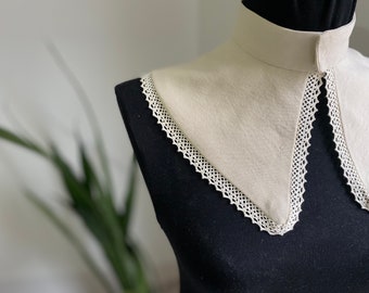 Beige Linen Peter Pan Collar, Lace Ruffle Removable Collar
