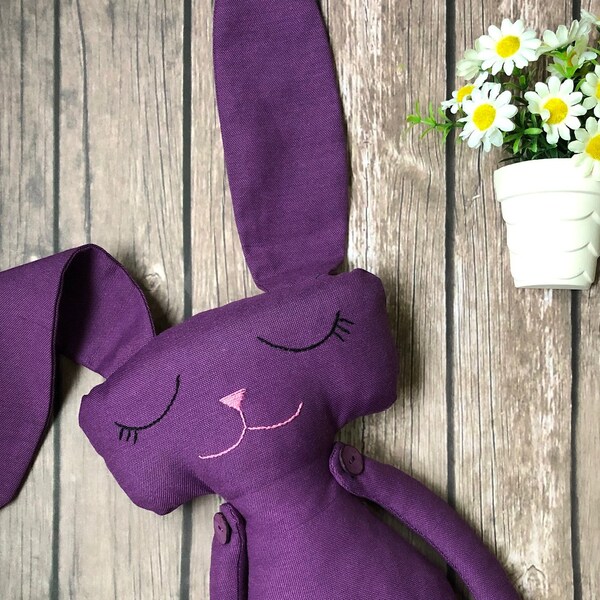 Animal en peluche Nouveau-né, Jouet couette pour bébé, Jouet de couchage, Cadeau de douche de nouveau-né, Jouet doux violet, Couverture de sécurité, Jouet animal en lin, Poupée d’art