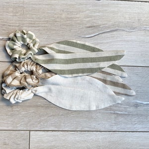 Striped Linen Accessories, Autumn Scrunchies, Hairband with ties, Scarf Bow Scrunchie, Linen gift for women, Natural Linen Scarf, Fall style