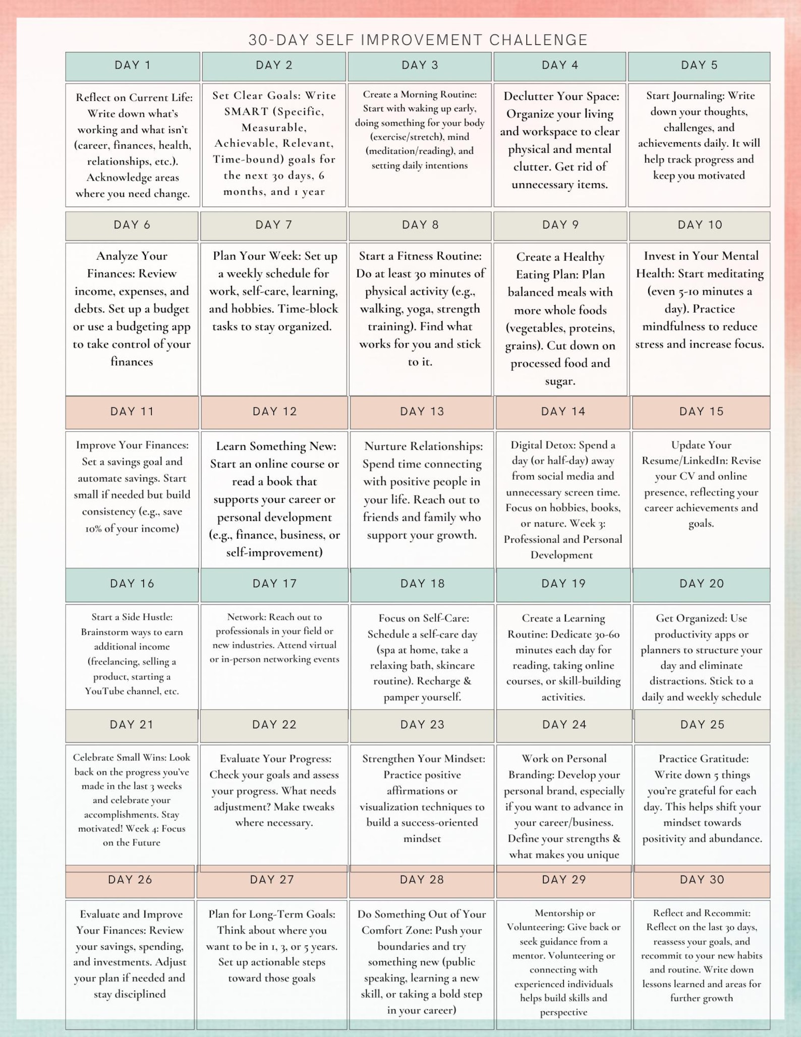 30 Day Self Improvement Planner - Etsy