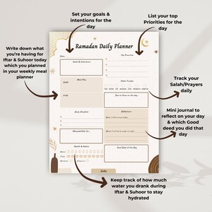 Puede incluir: Un planificador diario de Ramad&aacute;n imprimible con fondo beige y detalles dorados. El planificador incluye secciones para objetivos, planes de comidas, listas de verificaci&oacute;n diarias, reflexiones, salud y h&aacute;bitos, y una buena acci&oacute;n del d&iacute;a. El planificador tambi&eacute;n incluye una secci&oacute;n para realizar un seguimiento de las oraciones de salat y un mini diario para reflexionar sobre el d&iacute;a.