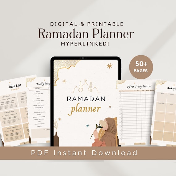 Ramadan Planner Digital 2026, Hyperlinked Ramadan journal, Fasting & Salah Tracker with Quran tracker, Digital and printable